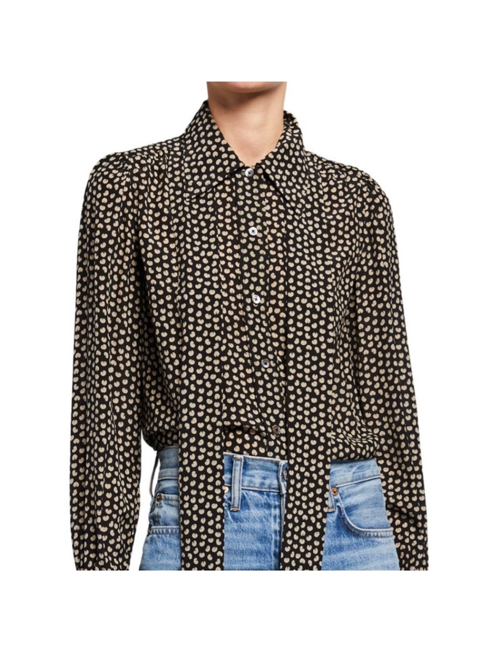Re/Done Silk Black & Cream Printed Button-Front Blouse with ties